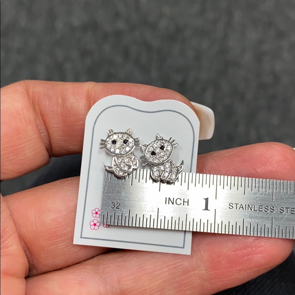 14k gold plated Cat CZ Silver Girls Earrings. - Picture 6 of 6